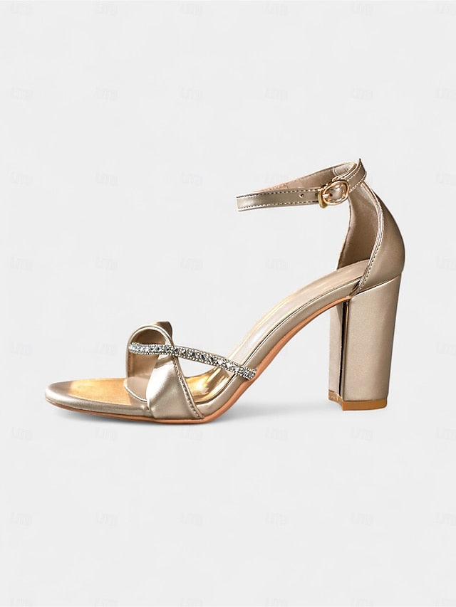 Sandals Ankle Women's Open-Toe Heel PU - Gold Block Strap