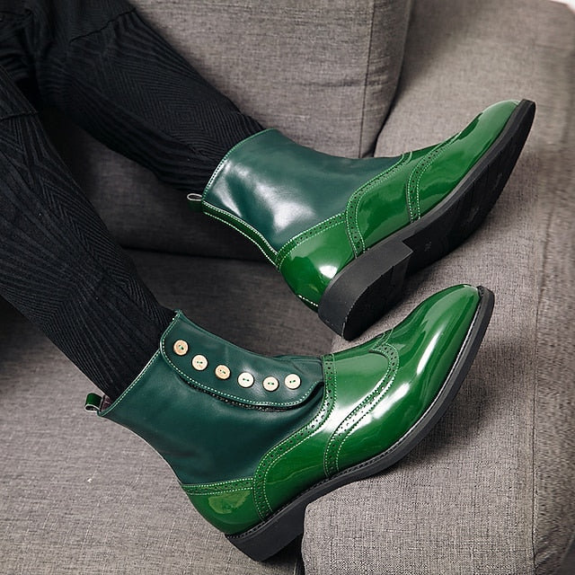 Wingtip Leather Button Vintage Stylish Green Boots - Men's