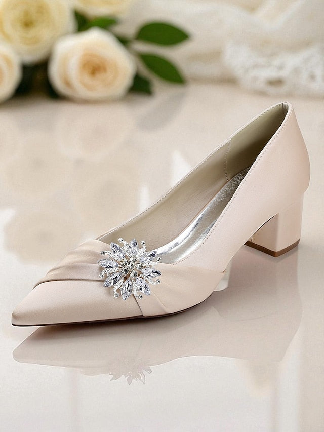 Women's Low White with Pumps Crystal Block Heel