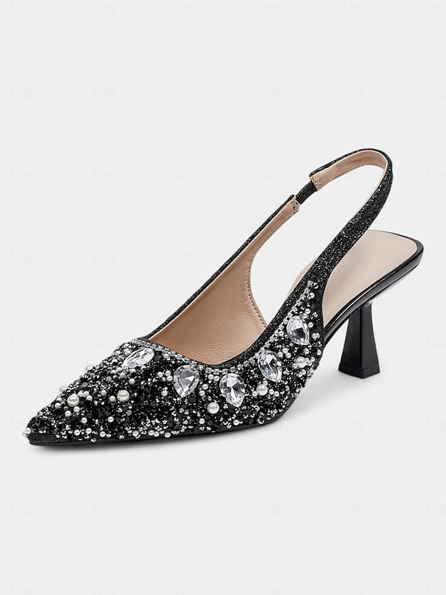 with Slingback Gold Rhinestone Heels Women's Pearl
