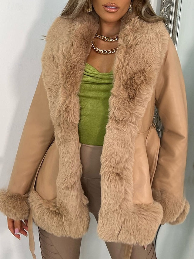 Leather Faux Women's Fur Breathable Collar Warm Jacket