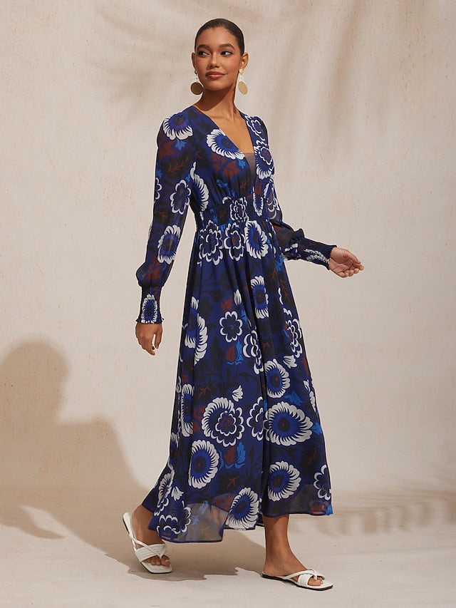 Chiffon Floral Composite Print Elegant Maxi Dress Banquet