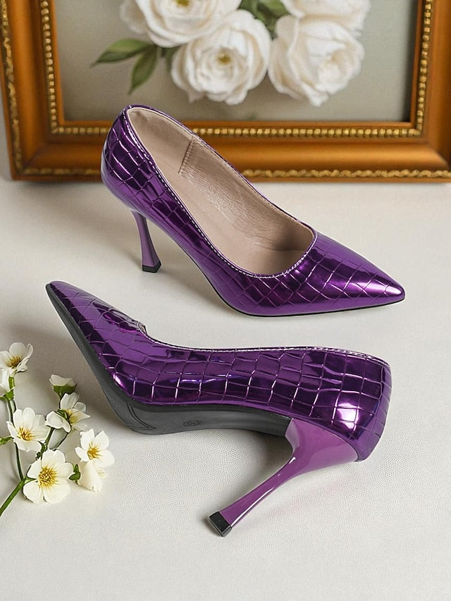 Women's Leather Toe Pointed PU Heels Silver Patent