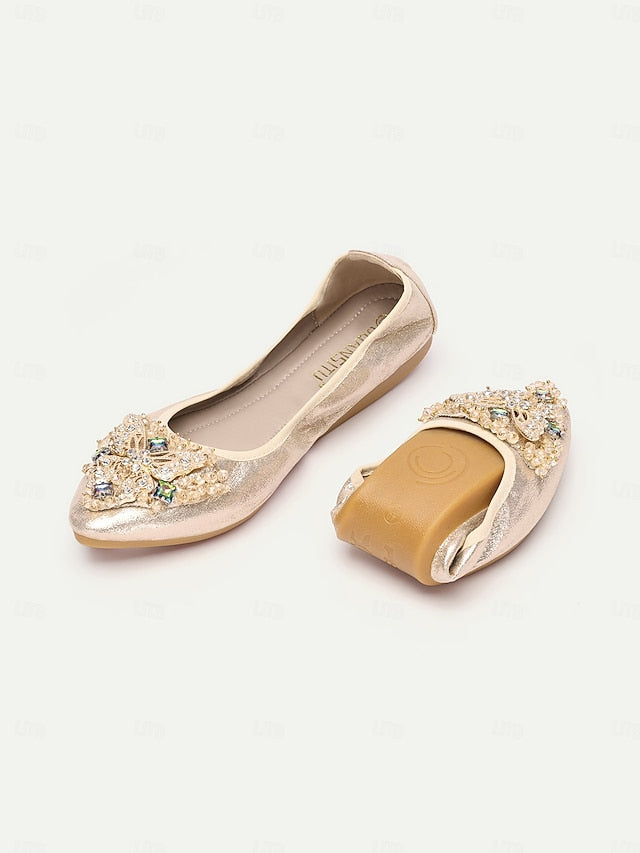 Gold Flats with Women's Crystal Foldable Glitter