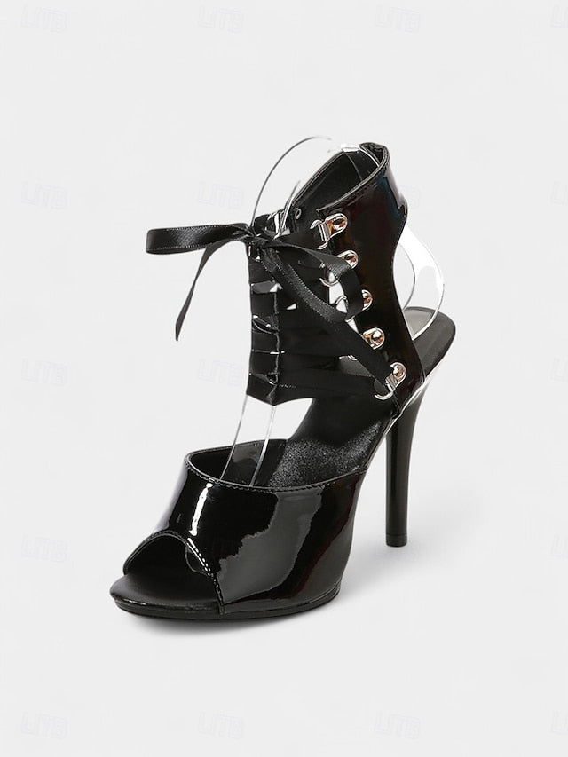 Black Patent Lace-Up Cutout Women's Sandals Sexy Stiletto -