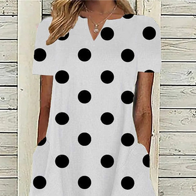 Polka Dot Midi Dress for Women - Casual V Neck Dress with Pockets