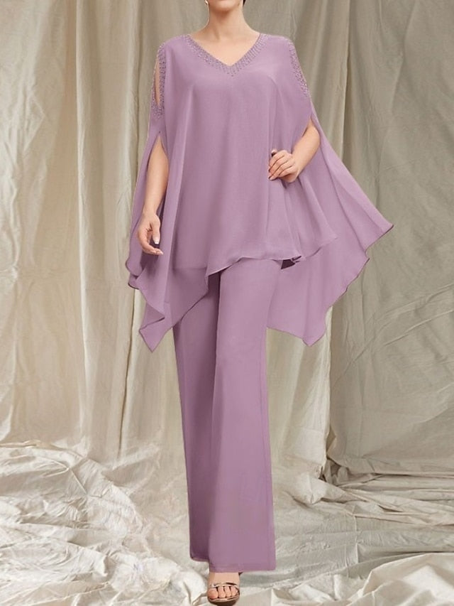 Elegant Dress the Pantsuit V Mother of Guest Bride Wedding Neck