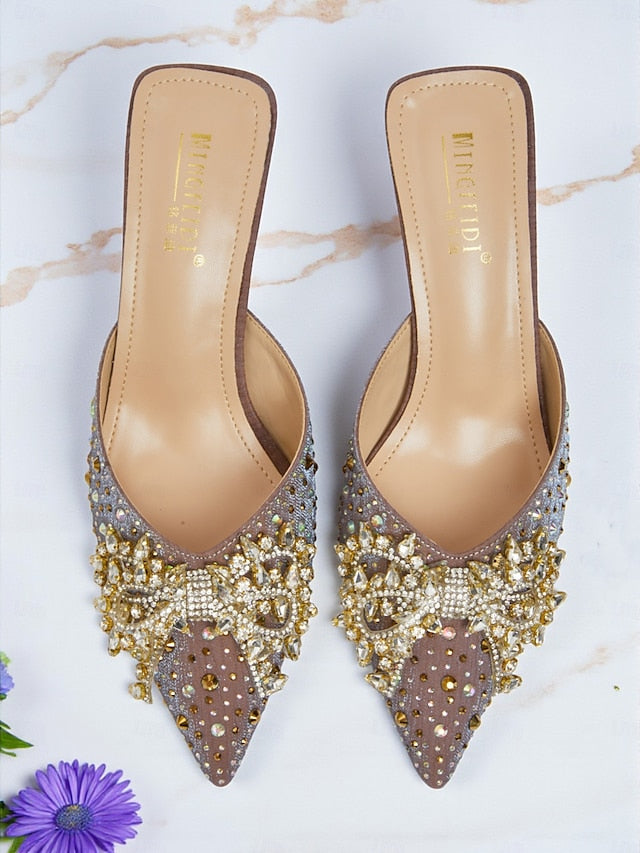 Slip-On Pointed Rhinestone Mules - Glitter Toe Women's