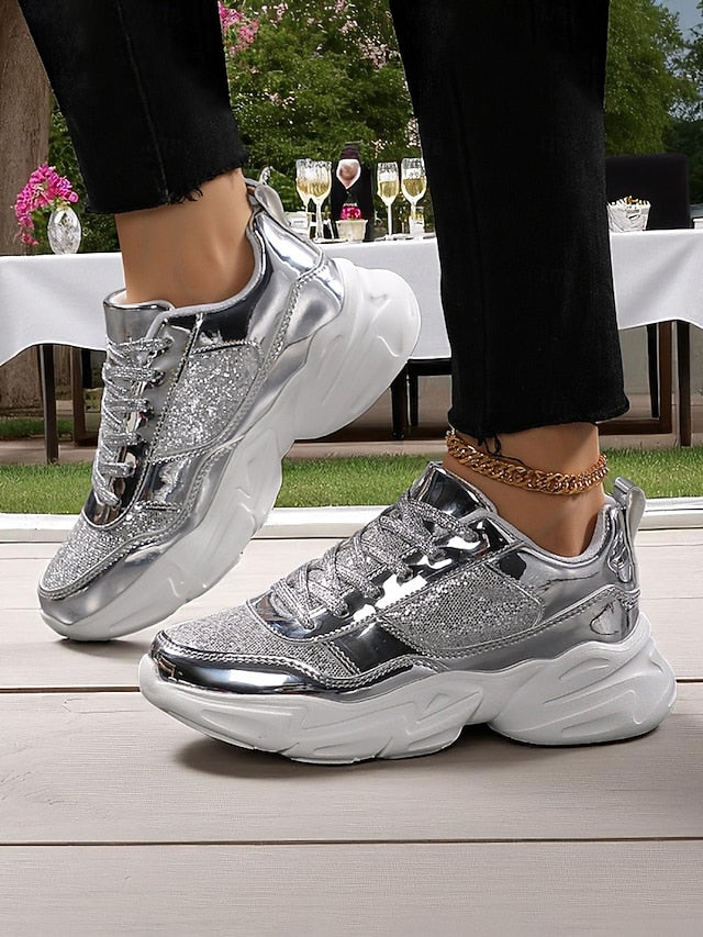 with Glitter Sneakers Platform Metallic Chunky Women's