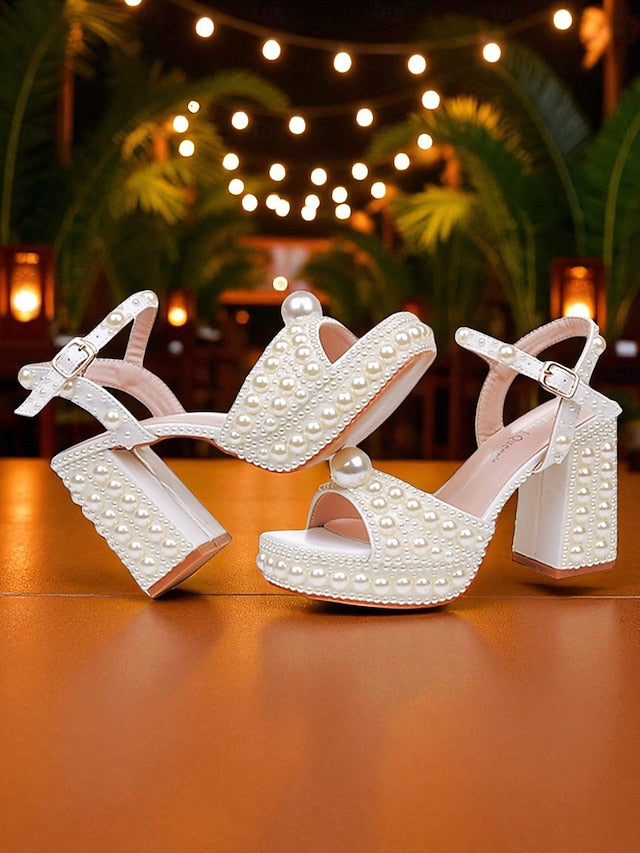 Women's Heel Platform White Embellished Sandals Pearl Block