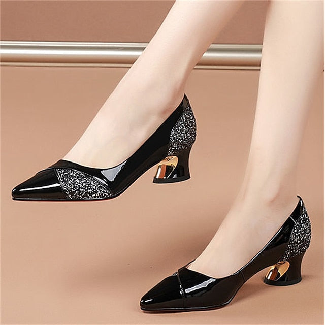 Patent Women's Heels Block Leather Faux Glitter-Accented