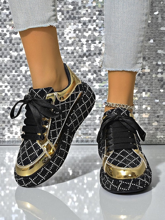 Quilted and Rhinestone Black Sneakers - Women's Silver