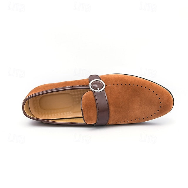Men's Suede Brown Slip-On with Buckle Faux Strap Loafers