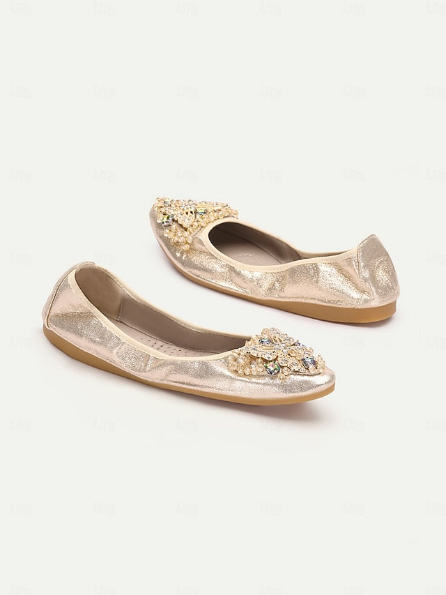 Gold Flats with Women's Crystal Foldable Glitter