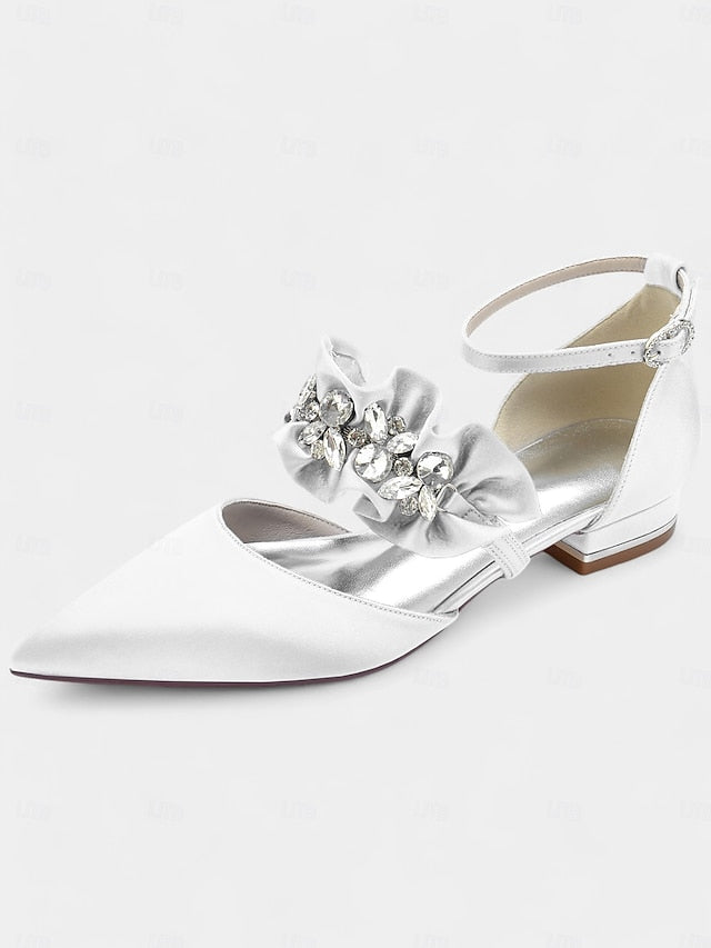 Black Rhinestone Flats Pointed-Toe Satin Women's with