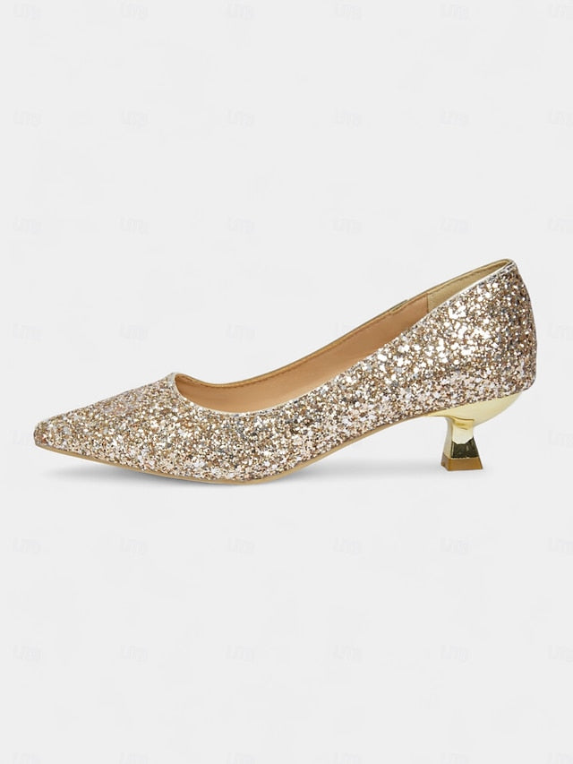 Glitter Pointed Pumps Low Women's - Sparkly Toe Heel