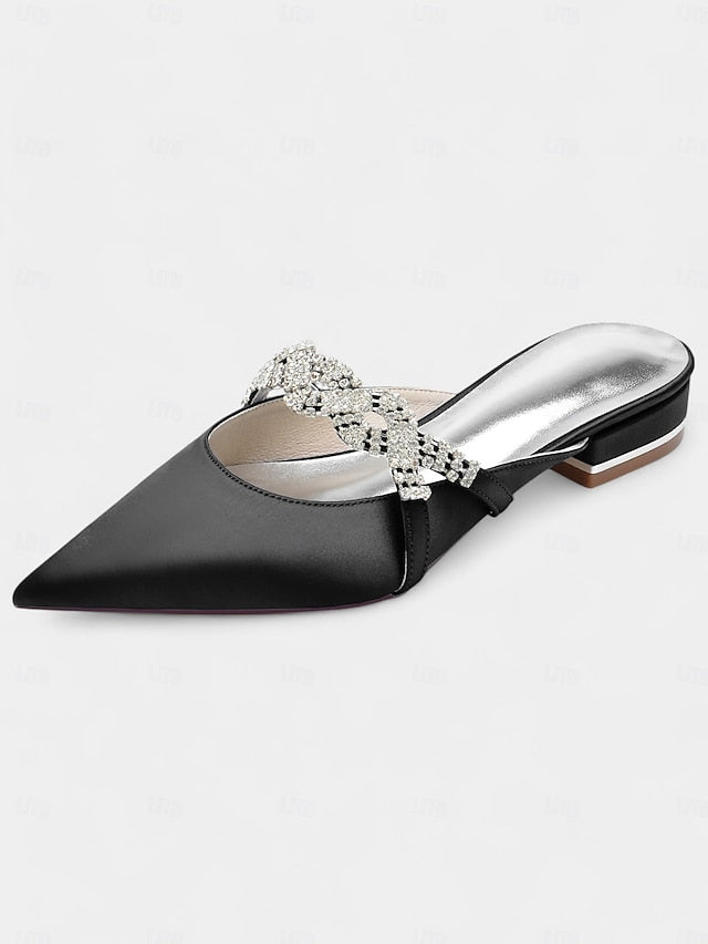 with Pointed-Toe Blue Detailing Mule Rhinestone - Satin Heels