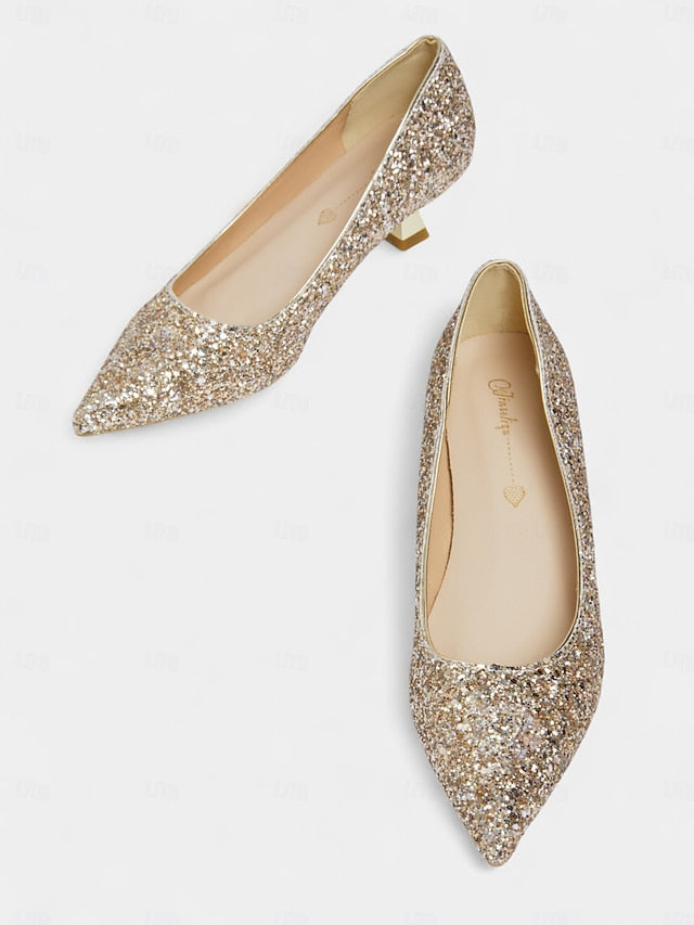 Glitter Pointed Pumps Low Women's - Sparkly Toe Heel