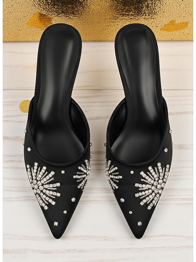 with Women's Mules Rhinestone Toe Pointed Satin Black