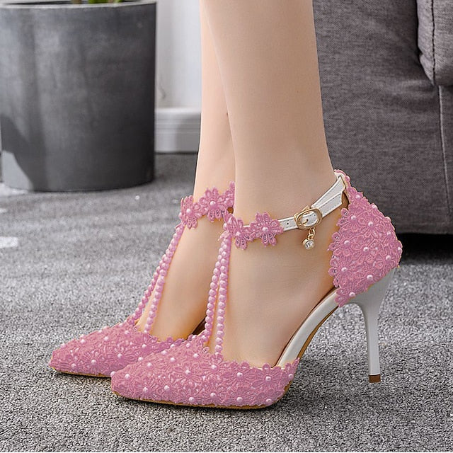 Wedding Shoes Heel Pointed High Women's Lace Bridal