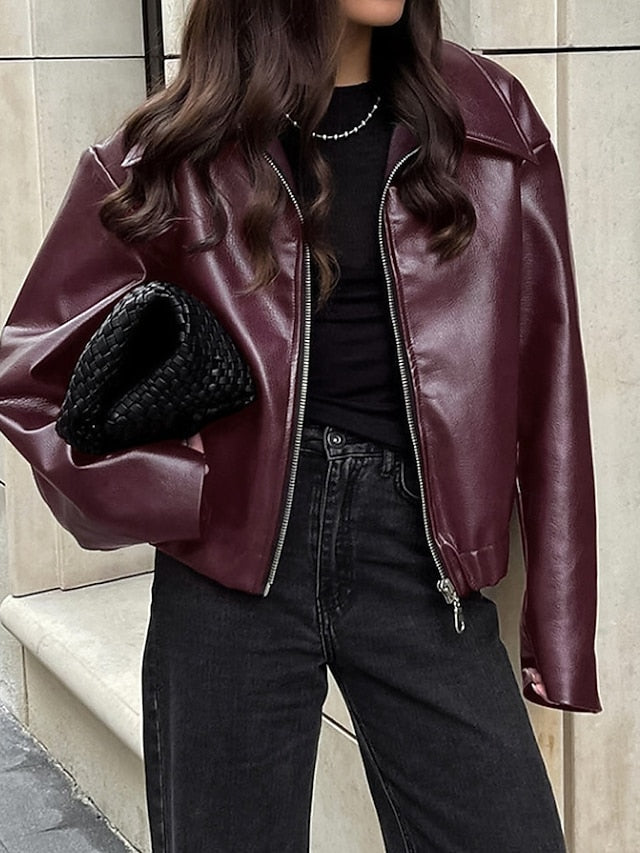 Comfortable Pocket Leather Women's Warm Faux Jacket Zipper