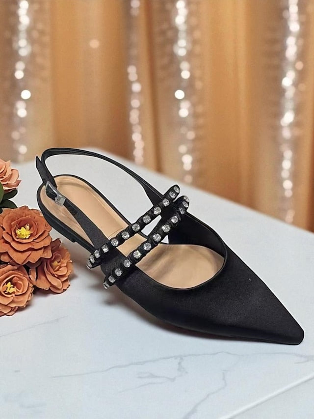 Toe Flats Satin - Women's Rhinestone Slingback Pointed