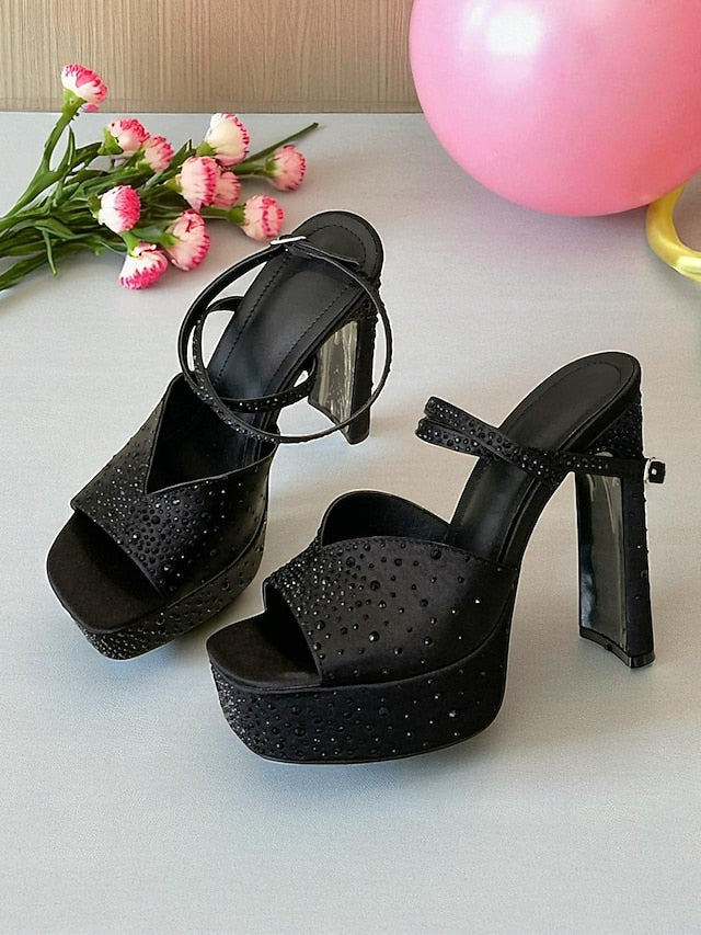 Women's Heel with Toe High Peep Sandals Platform Rhinestone