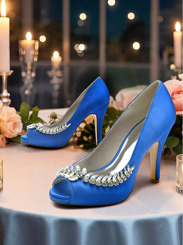 with Crystal Blue Embellishment Luxury Satin Peep-Toe Heels –