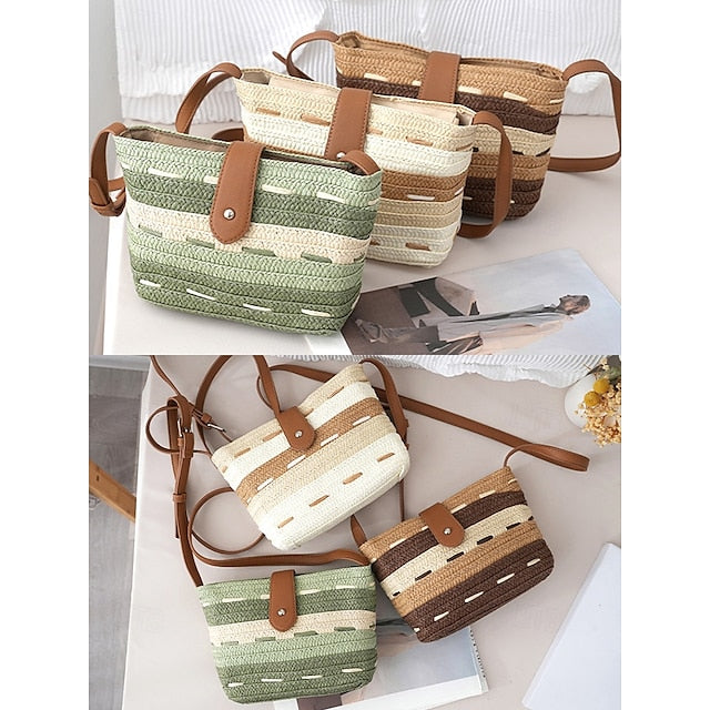 Gestreift mit Tasche Colorblock Damen Stroh gewebt braun Tote