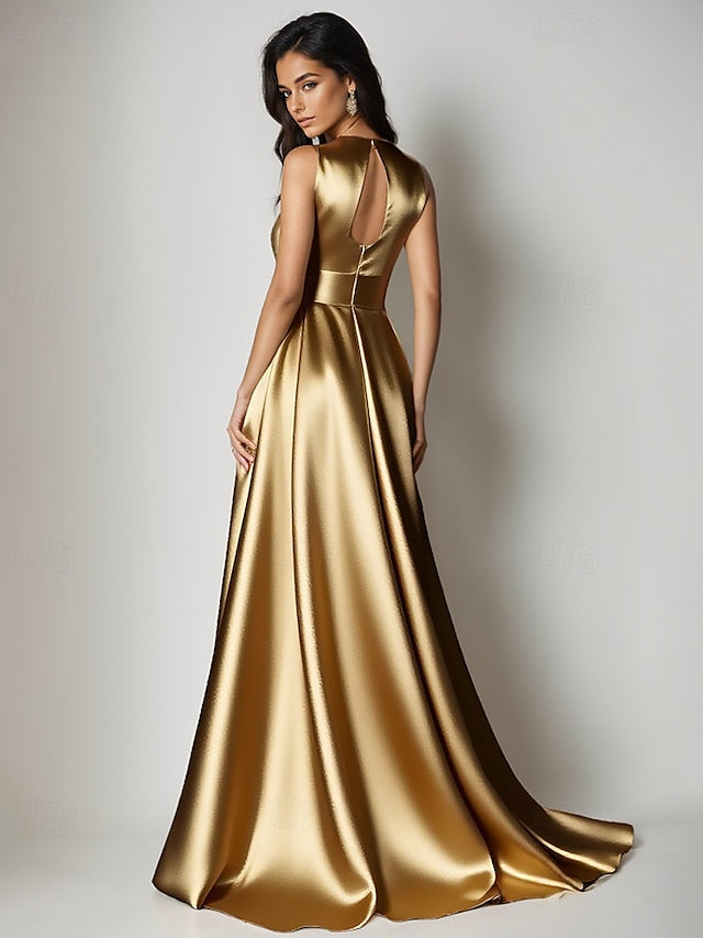 Gold A-Line Gown Formal Floor Wedding Evening Dress Elegant