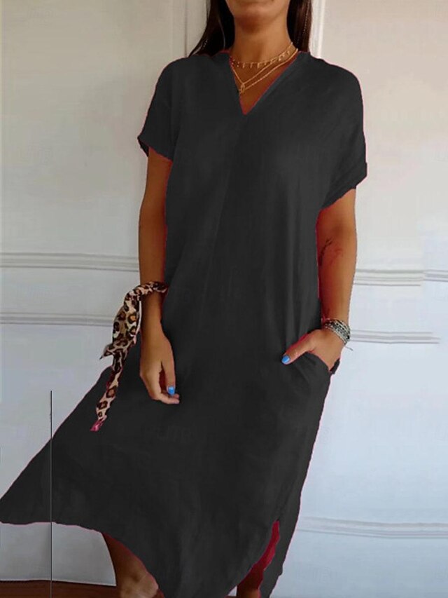 Women's Black Red Green Summer Spring Midi Dress Faux