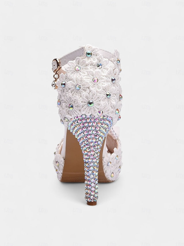 Sandals - Lace Pearl-Decorated Bridal T-Strap White Floral