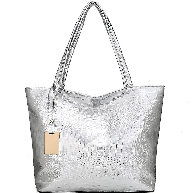 Tasche Faux Große Tote Geprägte Damen Kroko Silber | Kapazität