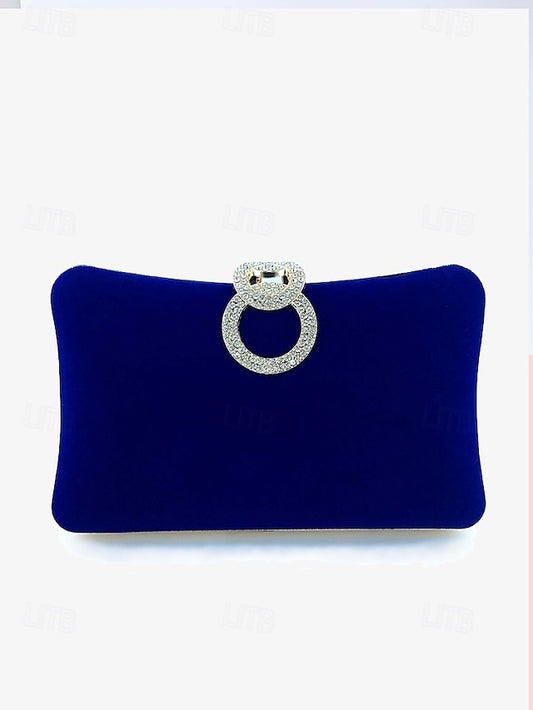 Blue Velvet Rhinestone Bag Women's Clutch with Elegant Ring