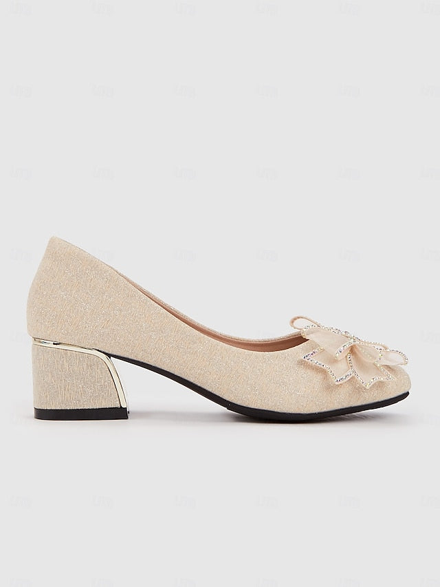 with Heel Pumps Bow - Gold Block Decoration Women's Glitter