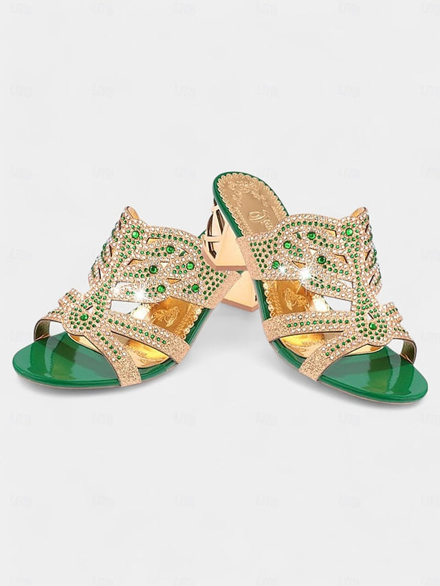 Rhinestone Green Embellished and - Sandals Heeled Gold