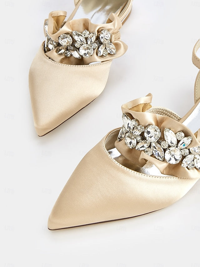 Black Rhinestone Flats Pointed-Toe Satin Women's with