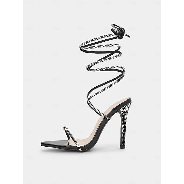 Women's Sandals – Black Lace-Up Sexy Stiletto Rhinestone