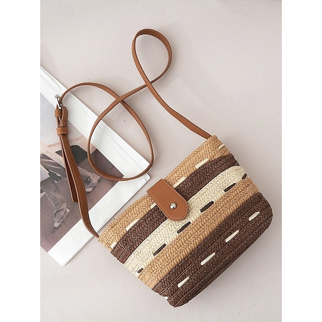 Gestreift mit Tasche Colorblock Damen Stroh gewebt braun Tote