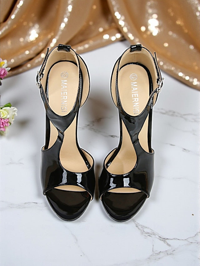 Women's Stiletto - Heels Red Open Leather Patent Strappy