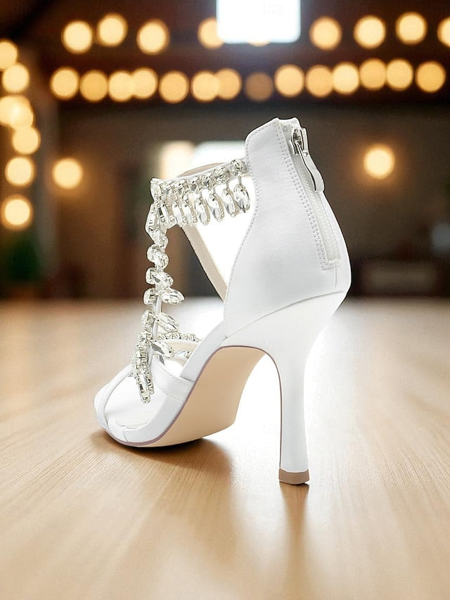 High Women's with Strappy Sandals Rhinestone White Heel