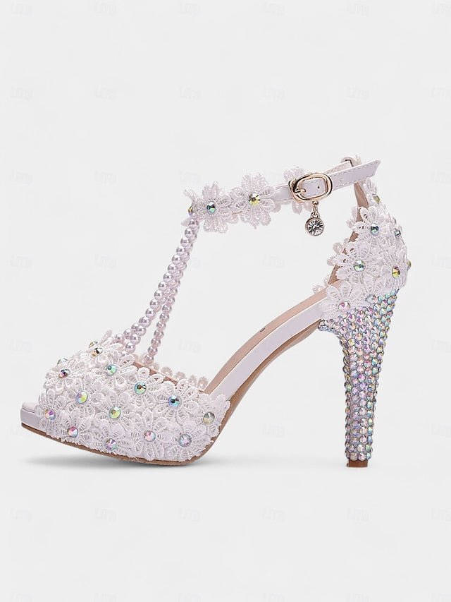 Sandals - Lace Pearl-Decorated Bridal T-Strap White Floral