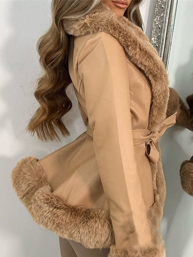 Leather Faux Women's Fur Breathable Collar Warm Jacket