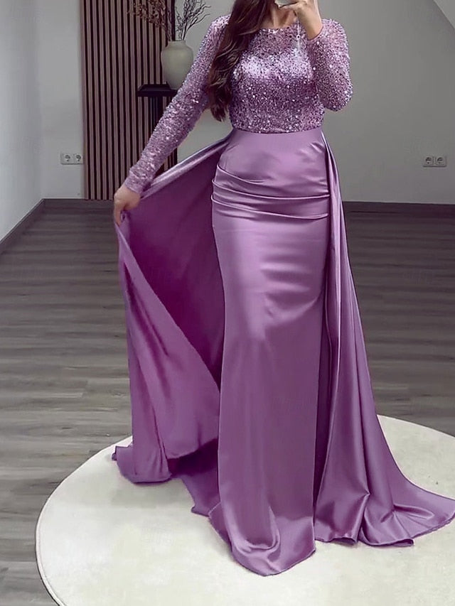 Evening Long Dress Gown Mermaid RuchedSatin Sleeves Sequin