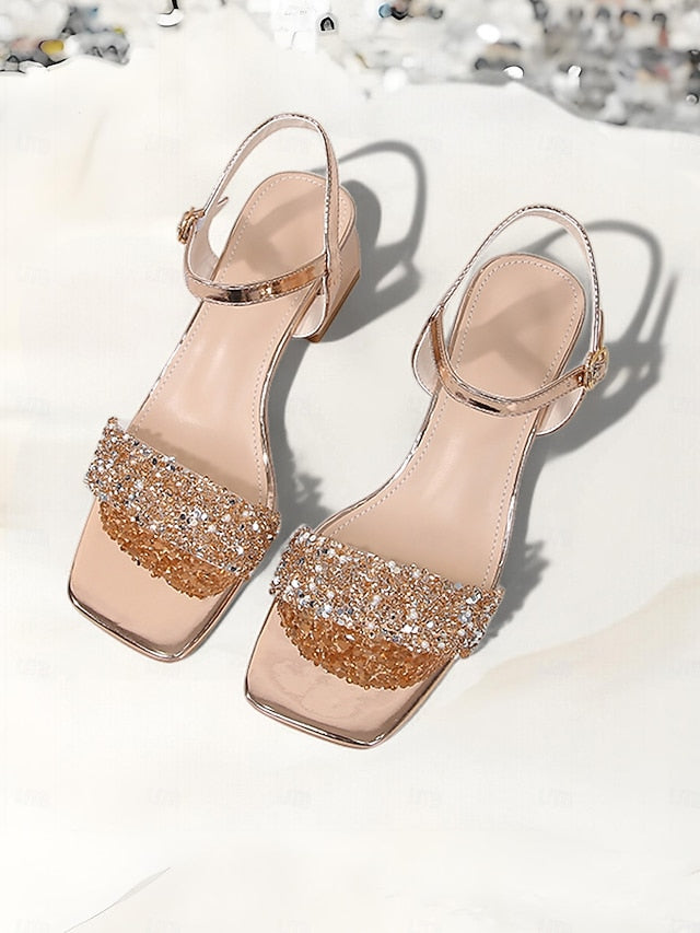 Block Wedding Sandals Women Rhinestone for Gold Heel Elegant –