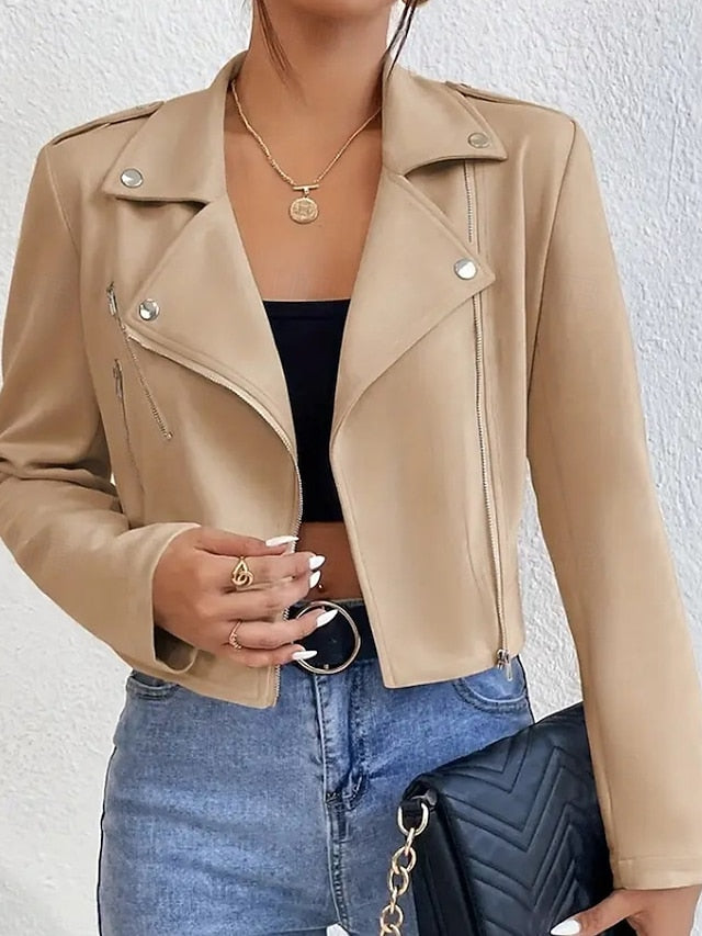 Comfortable Jacket Faux Pocket Women's Leather Zipper