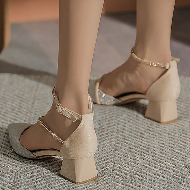 with Ankle Glitter Toe Pointed Mesh Women's Block Heels