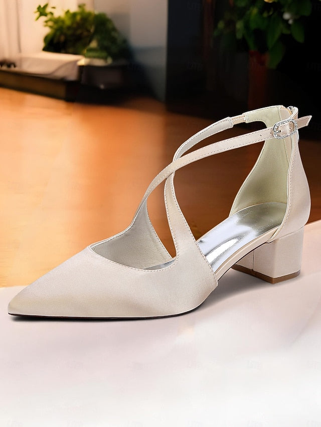 Block Ivory Pointed Heels Women's Toe - Elegant Satin