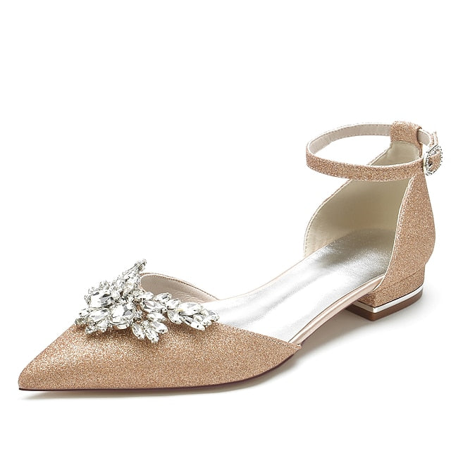 White Design Flats Rhinestone – Satin with Floral Women's
