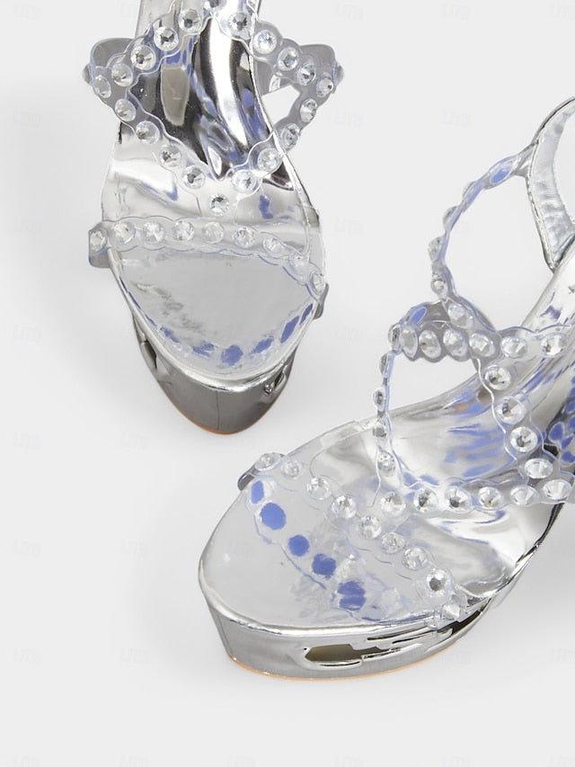 for – Rhinestone Sandals Women Silver Stiletto Dance Elegant
